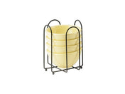 Four light yellow ceramic bowls are stacked neatly in a black wire frame bowl holder with curved handles and four small round feet, all set against a plain white background. The BPA free rack is designed to securely hold and organize the bowls.