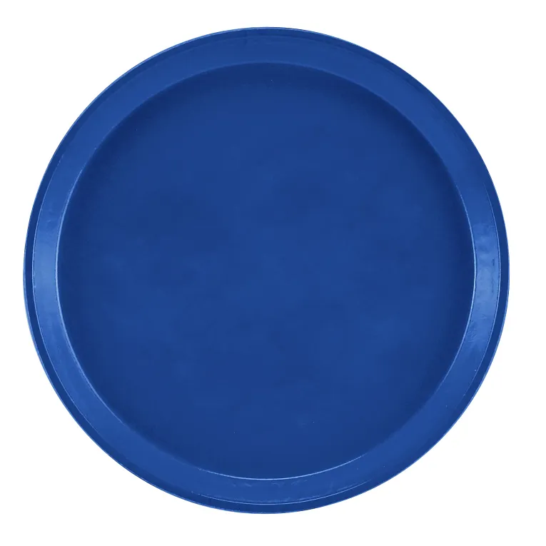 A plain, round blue fiberglass Serving Camtray with a raised edge. Viewed from above, its smooth, solid-colored surface and simple design stand out against a white background. This tray is also dishwasher safe for easy cleaning.