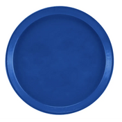 A plain, round blue fiberglass Serving Camtray with a raised edge. Viewed from above, its smooth, solid-colored surface and simple design stand out against a white background. This tray is also dishwasher safe for easy cleaning.