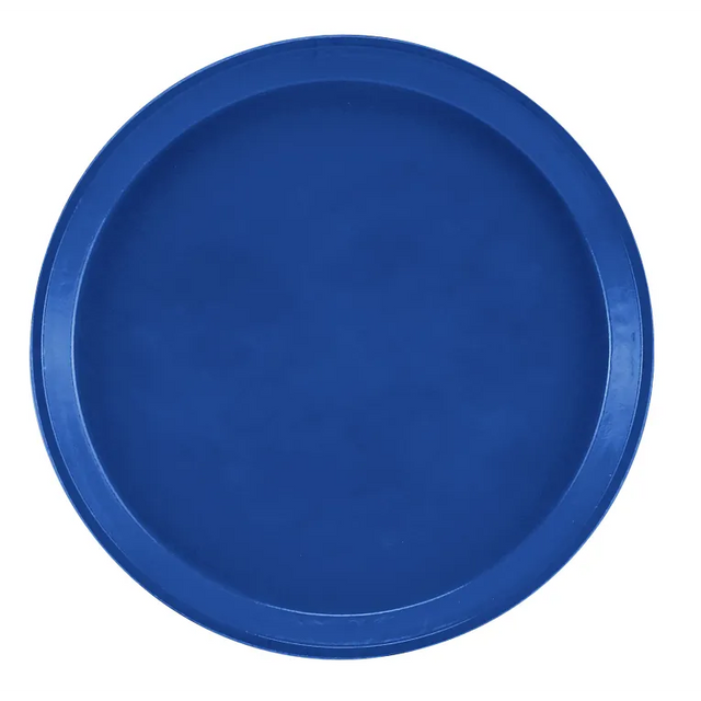 A plain, round blue fiberglass Serving Camtray with a raised edge. Viewed from above, its smooth, solid-colored surface and simple design stand out against a white background. This tray is also dishwasher safe for easy cleaning.
