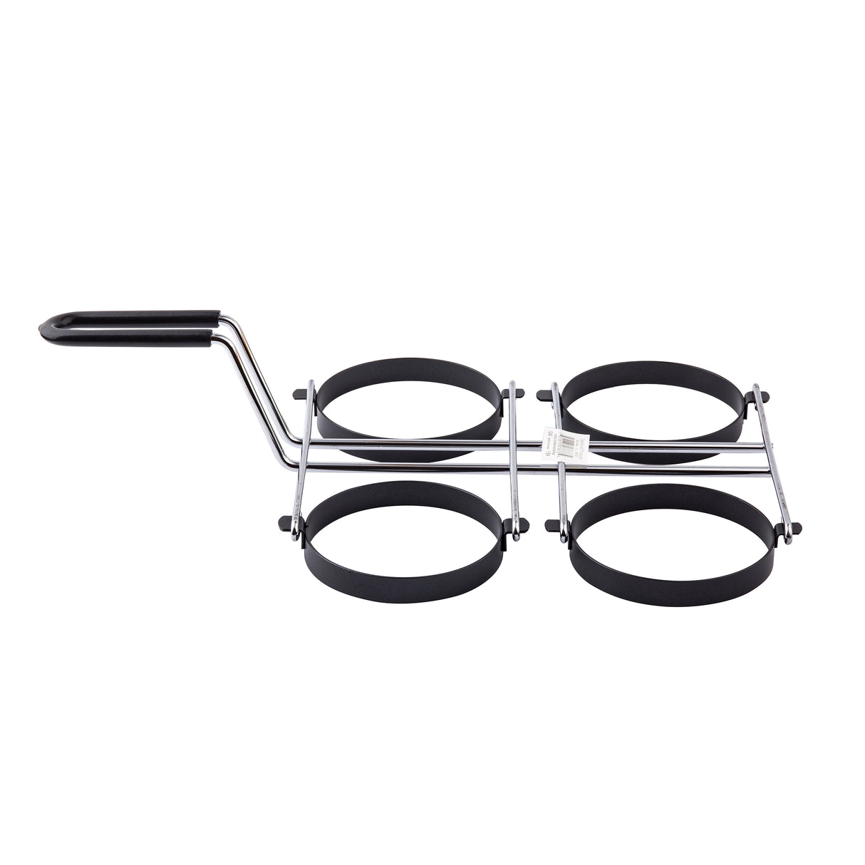 A metal kitchen tool with a black handle and four round, non-stick egg rings arranged in a square, connected by metal bars. It’s designed for cooking perfectly round eggs or pancakes on a stovetop and is dishwasher safe.