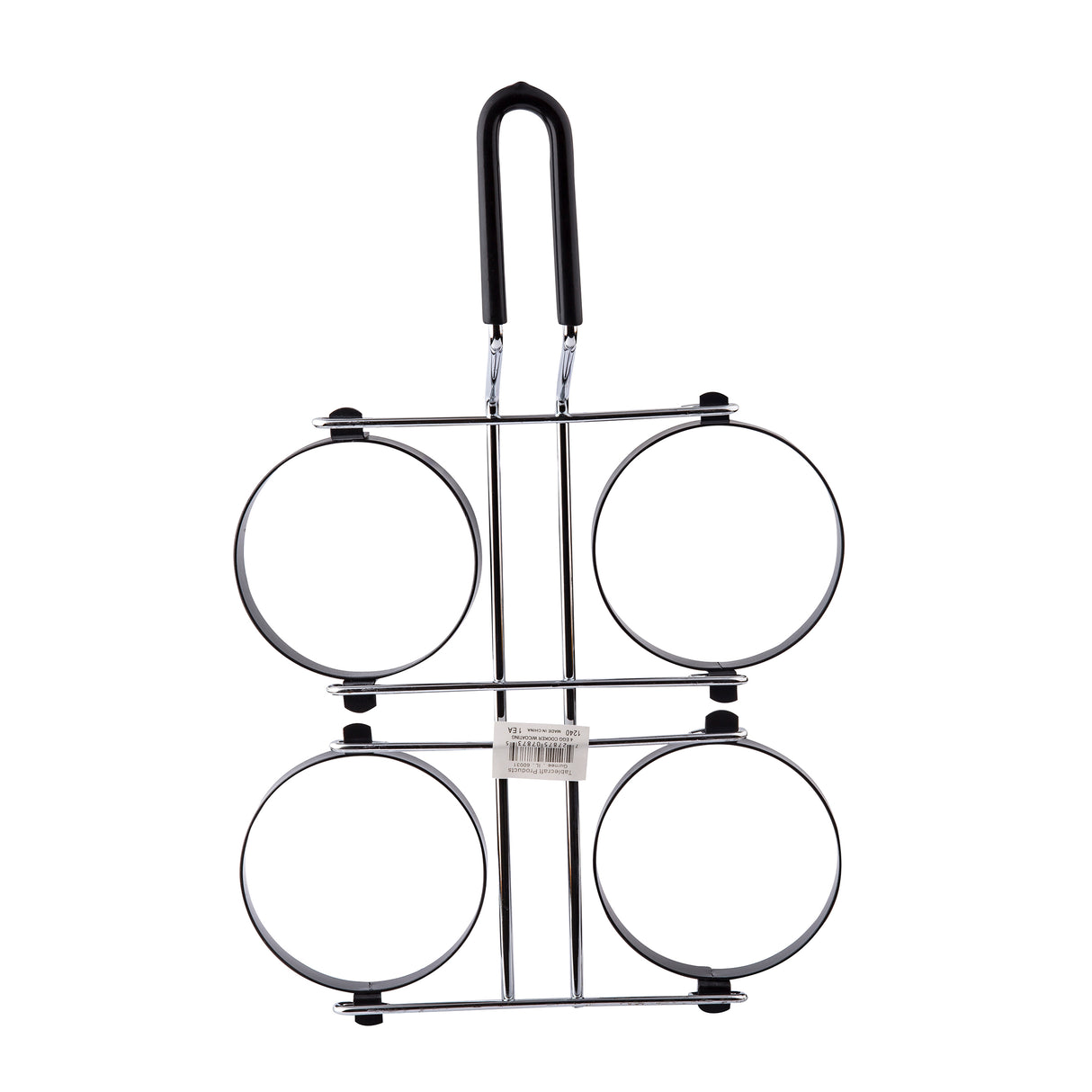 A metal milk bottle carrier with a black handle and four circular holders arranged in a square pattern, resembling non-stick egg rings. The carrier is designed to hold four bottles, with a barcode label on the center crossbar. The background is white.