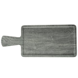 Rectangular gray wooden serving paddle with a handle on the left side. The wood grain and subtle texture are visible, with a shallow groove along the edge. The surface appears smooth and clean, perfect for the Smokehouse Melamine Collection.