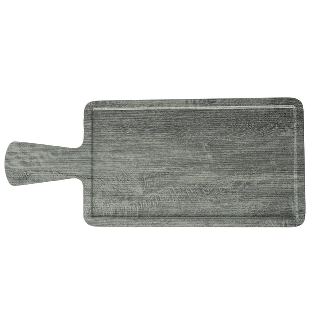 Rectangular gray wooden serving paddle with a handle on the left side. The wood grain and subtle texture are visible, with a shallow groove along the edge. The surface appears smooth and clean, perfect for the Smokehouse Melamine Collection.