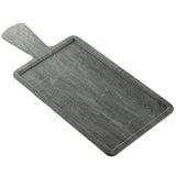 A rectangular, gray wooden serving paddle with a handle, beveled edges, and a shallow groove around the edge, placed on a white background. The smooth surface and visible wood grain texture showcase its rustic appeal.
