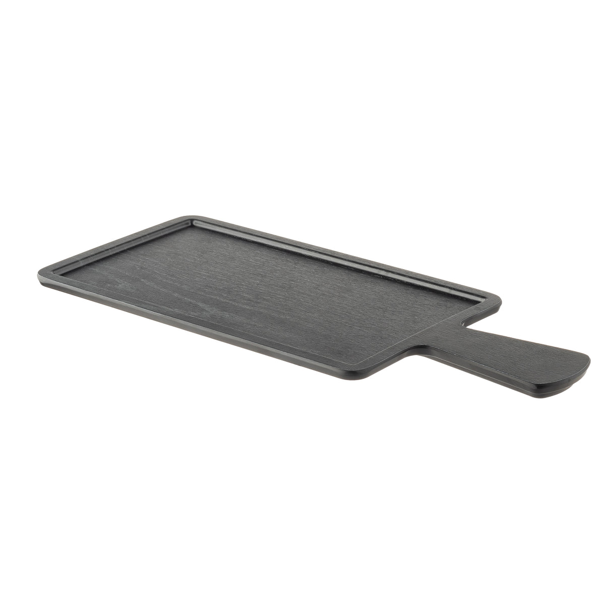 A rectangular, dark gray serving paddle from the Smokehouse Melamine Collection with a raised edge and short, wide handle. Featuring a wood grain texture and seamless handle, this board sits elegantly on a white background.