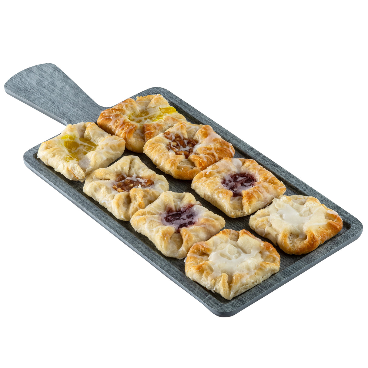 A wooden serving paddle displays eight square pastries with flaky, golden-brown crusts. The pastries have different fruit or cream cheese fillings in yellow, purple, and white, arranged in two neat rows.