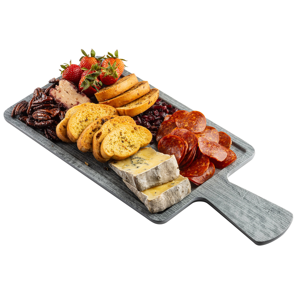 A gray TableCraft serving paddle from the Smokehouse Melamine Collection holds blue cheese, pepperoni slices, toasted bread rounds, strawberries, pecans, and dried cranberries, all arranged neatly against a white background.