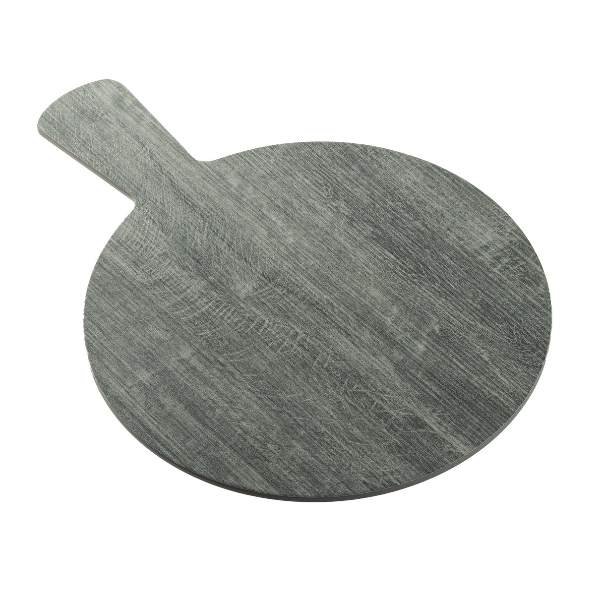 A round, gray melamine serving paddle with a short, wide handle is shown against a white background. The wood grain effect adds texture to this simple and unadorned board, inspired by the TableCraft 12451 Smokehouse Melamine Serving Paddle.