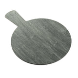 A round, gray melamine serving paddle with a short, wide handle is shown against a white background. The wood grain effect adds texture to this simple and unadorned board, inspired by the TableCraft 12451 Smokehouse Melamine Serving Paddle.
