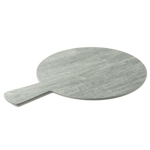 A round, light gray TableCraft 12451 melamine serving paddle with a short, flat handle is shown on a white background. The surface has a subtle wood grain texture, giving it a rustic appearance.
