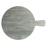 A round, flat, gray wooden serving paddle with a short handle on the right side, photographed from above against a white background. The surface shows visible wood grain and some subtle scratch marks.