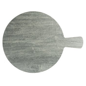 A round, flat, gray wooden serving paddle with a short handle on the right side, photographed from above against a white background. The surface shows visible wood grain and some subtle scratch marks.