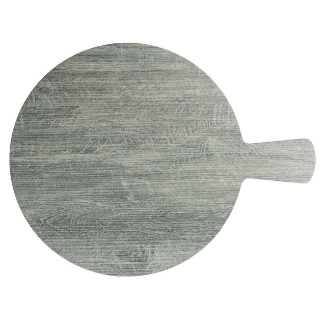 A round, flat, gray wooden serving paddle with a short handle on the right side, photographed from above against a white background. The surface shows visible wood grain and some subtle scratch marks.