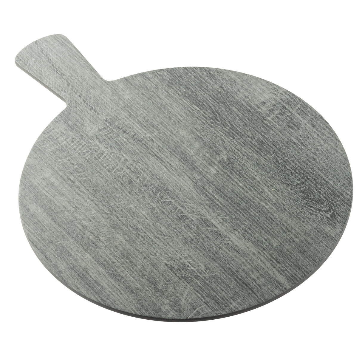 A round, gray serving paddle with a short handle is pictured against a white background. The wood grain is visible, giving the board a textured appearance. Its simple, modern design makes it ideal for serving or food preparation.