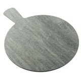 A round, gray serving paddle with a short handle is pictured against a white background. The wood grain is visible, giving the board a textured appearance. Its simple, modern design makes it ideal for serving or food preparation.