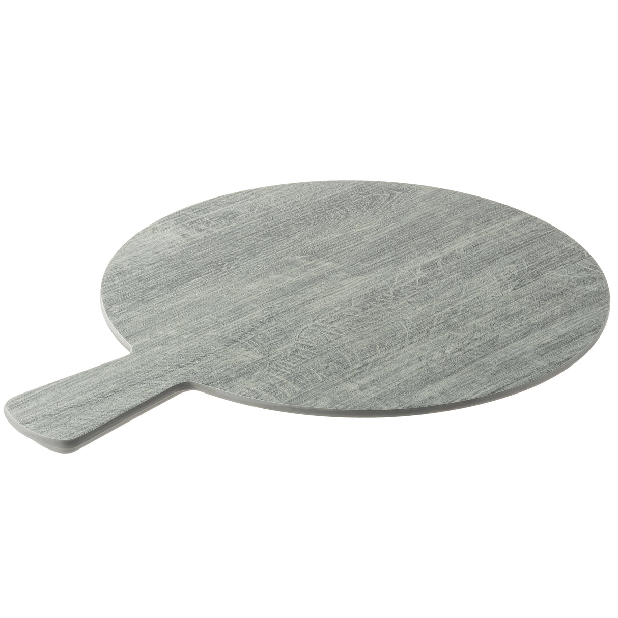 A round, gray wooden serving paddle with a short handle extends from one side. The surface has a visible wood grain texture and is photographed on a white background, ideal for the Smokehouse Melamine Collection.