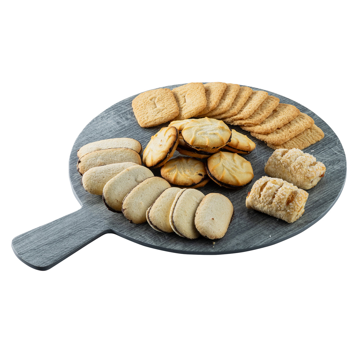 A round gray serving paddle from the Smokehouse Melamine Collection displays an assortment of cookies—rectangular, oval, and round—arranged in neat groups on a white background.