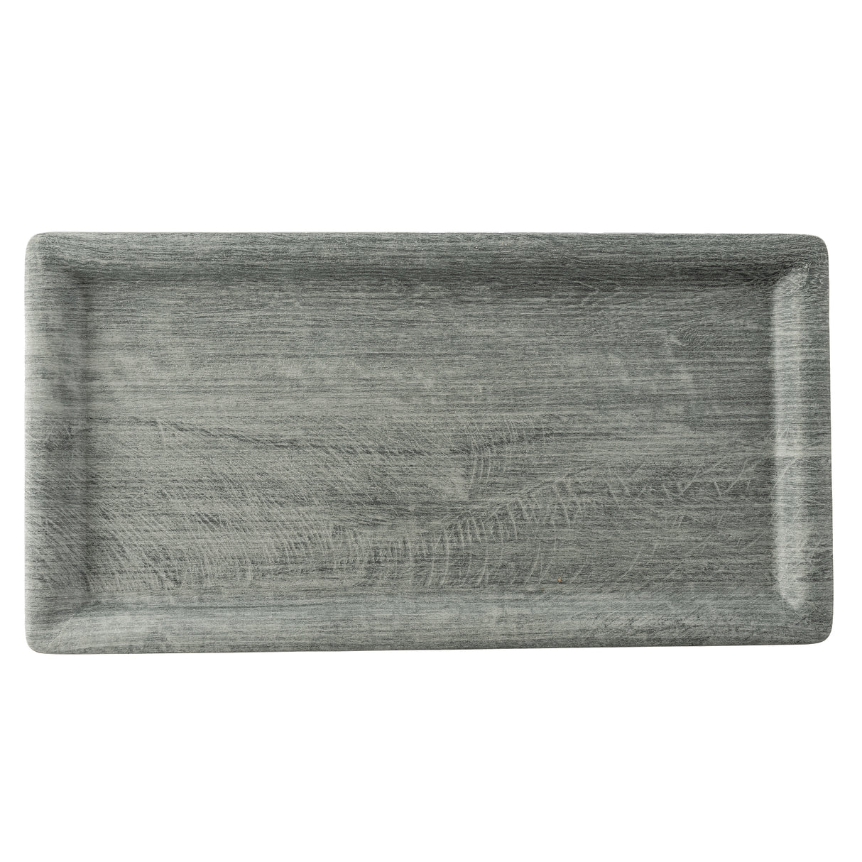 A rectangular melamine tray, the TableCraft Products Smokehouse Melamine Serving Tray features a gray, wood-like textured surface with slightly raised edges, viewed from above on a white background.