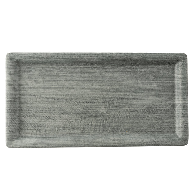 A rectangular melamine tray, the TableCraft Products Smokehouse Melamine Serving Tray features a gray, wood-like textured surface with slightly raised edges, viewed from above on a white background.