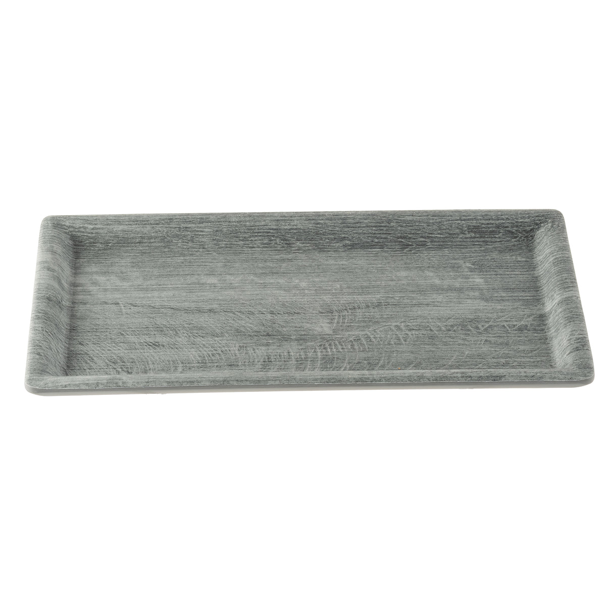 A rectangular melamine tray with raised edges, featuring a textured gray surface that resembles stone or wood grain. The Smokehouse Melamine Serving Tray from TableCraft Products is empty and displayed on a plain white background.