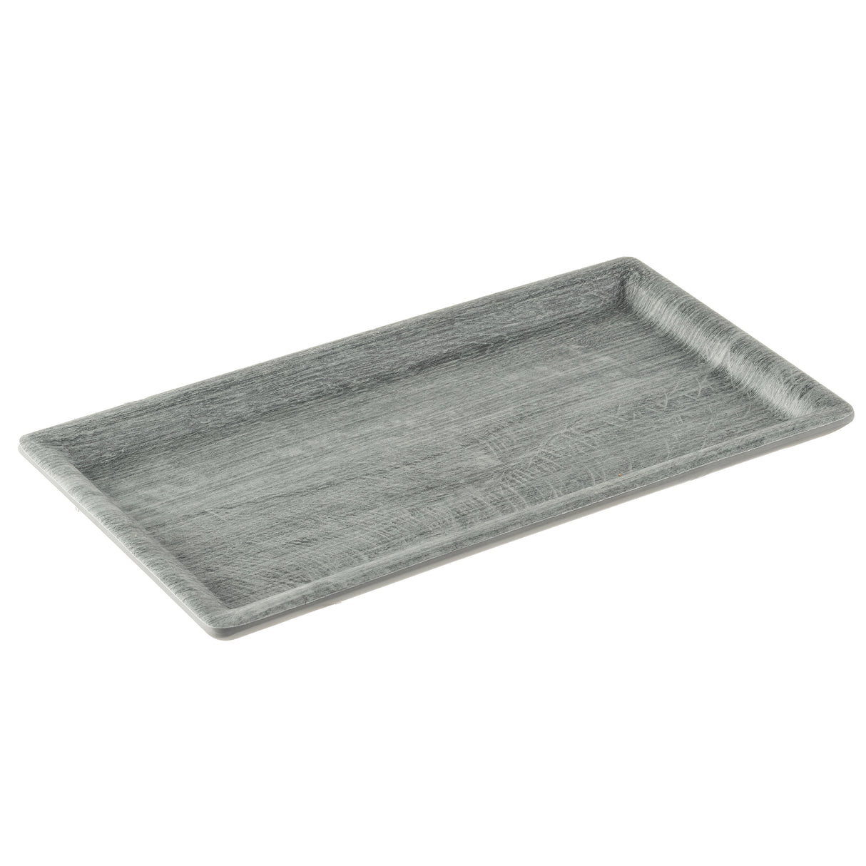 A rectangular melamine tray with slightly raised edges, featuring a textured surface that mimics gray wood grain. The minimalist, modern design of this TableCraft Products Smokehouse Melamine Serving Tray suits any contemporary setting.