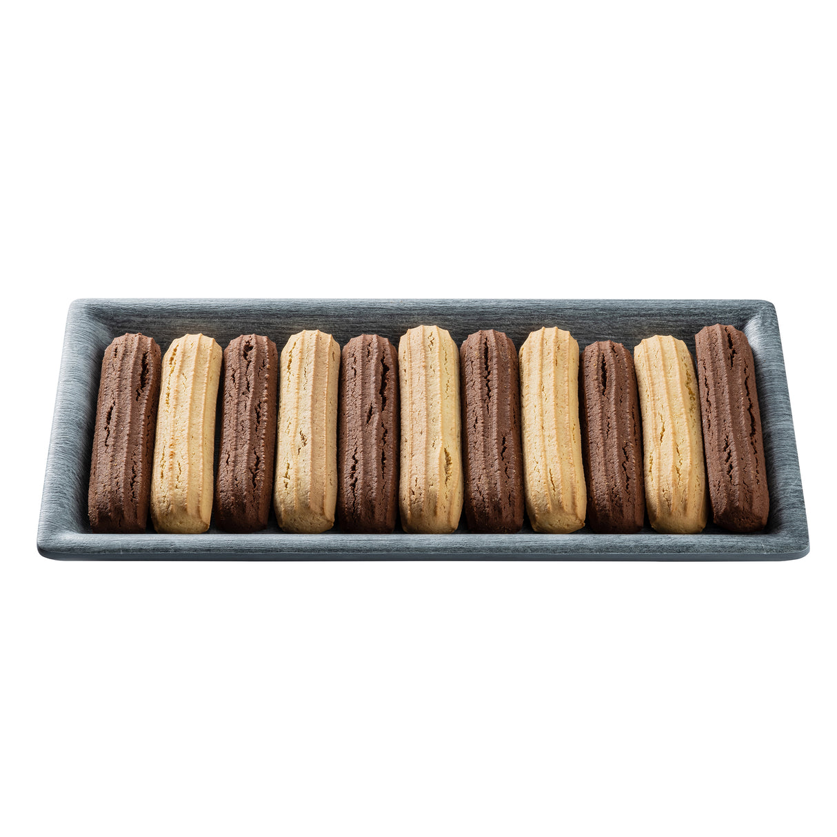 A rectangular melamine tray holds ten long, ridged cookies in alternating colors: light tan and dark brown. Each finger-shaped cookie is neatly aligned side by side on the TableCraft Products Smokehouse Melamine Serving Tray.