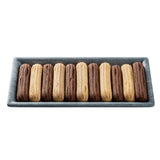 A rectangular melamine tray holds ten long, ridged cookies in alternating colors: light tan and dark brown. Each finger-shaped cookie is neatly aligned side by side on the TableCraft Products Smokehouse Melamine Serving Tray.