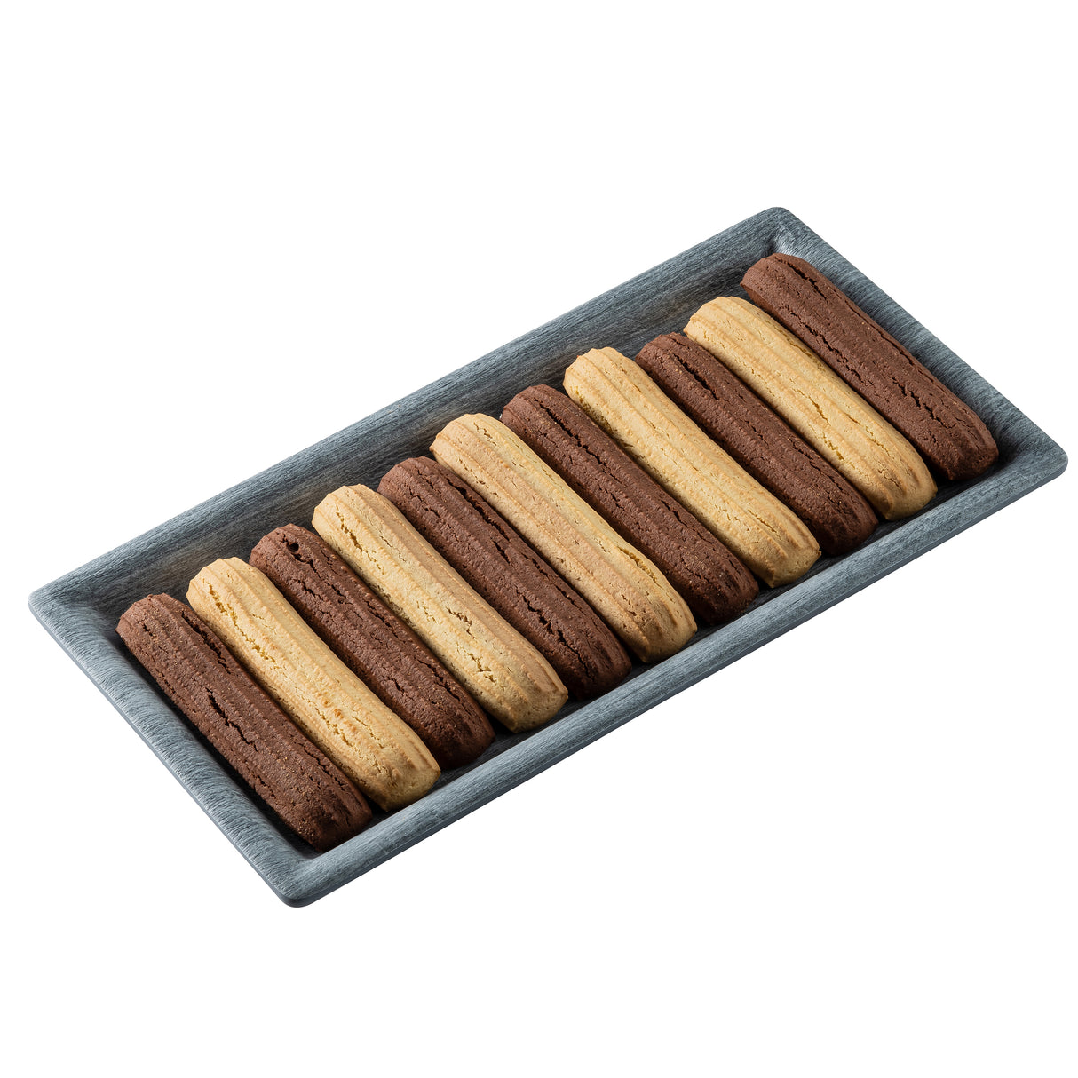 A rectangular melamine tray from TableCraft Products holds ten long sandwich biscuits in alternating rows of chocolate and vanilla, each with a ridged surface and cream filling peeking between the layers.
