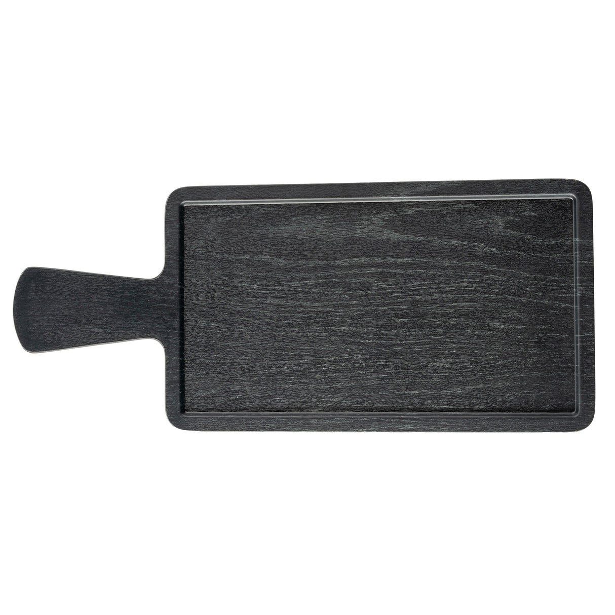 A rectangular, dark wooden serving paddle with a handle on the left side. The board has a slightly raised edge and visible wood grain texture. It is photographed from above on a white background.
