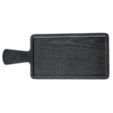 A rectangular, dark wooden serving paddle with a handle on the left side. The board has a slightly raised edge and visible wood grain texture. It is photographed from above on a white background.
