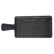 A rectangular, dark wooden serving paddle with a handle on the left side. The board has a slightly raised edge and visible wood grain texture. It is photographed from above on a white background.