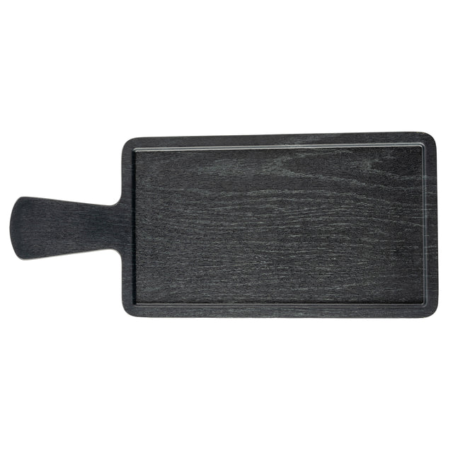 A rectangular, dark wooden serving paddle with a handle on the left side. The board has a slightly raised edge and visible wood grain texture. It is photographed from above on a white background.