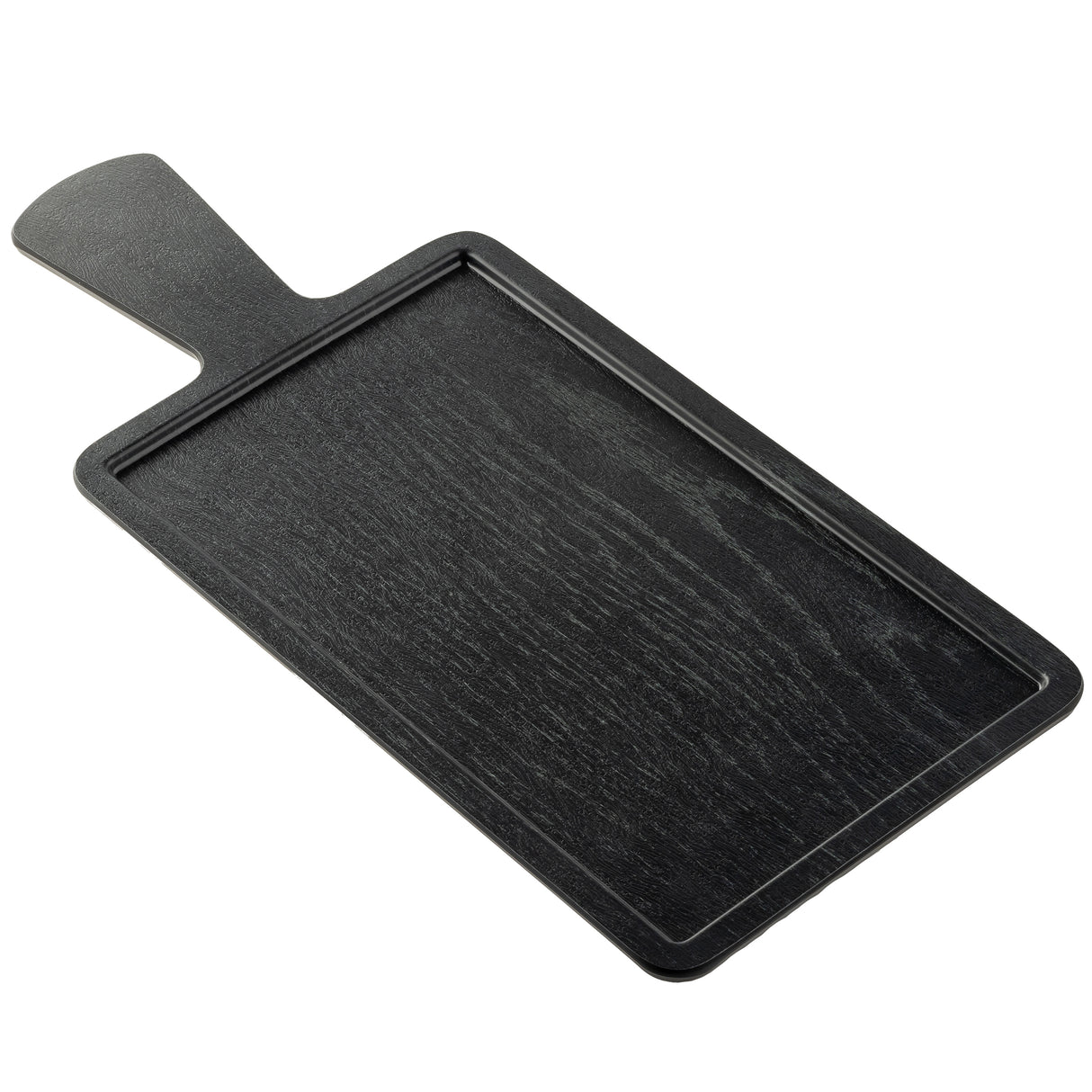 A black rectangular Serving Paddle from the Onyx Melamine Collection features a raised edge and short handle, shown on a white background. The subtle wood grain adds elegance, with the board angled and its handle pointing to the upper left.
