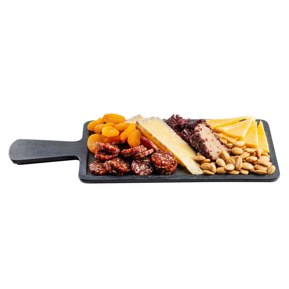 A black Serving Paddle from the Onyx Melamine Collection displays dried apricots, sliced cured sausage, almonds, brie, wine-soaked cheese, and hard yellow cheese wedges—each arranged in groups on a white background.