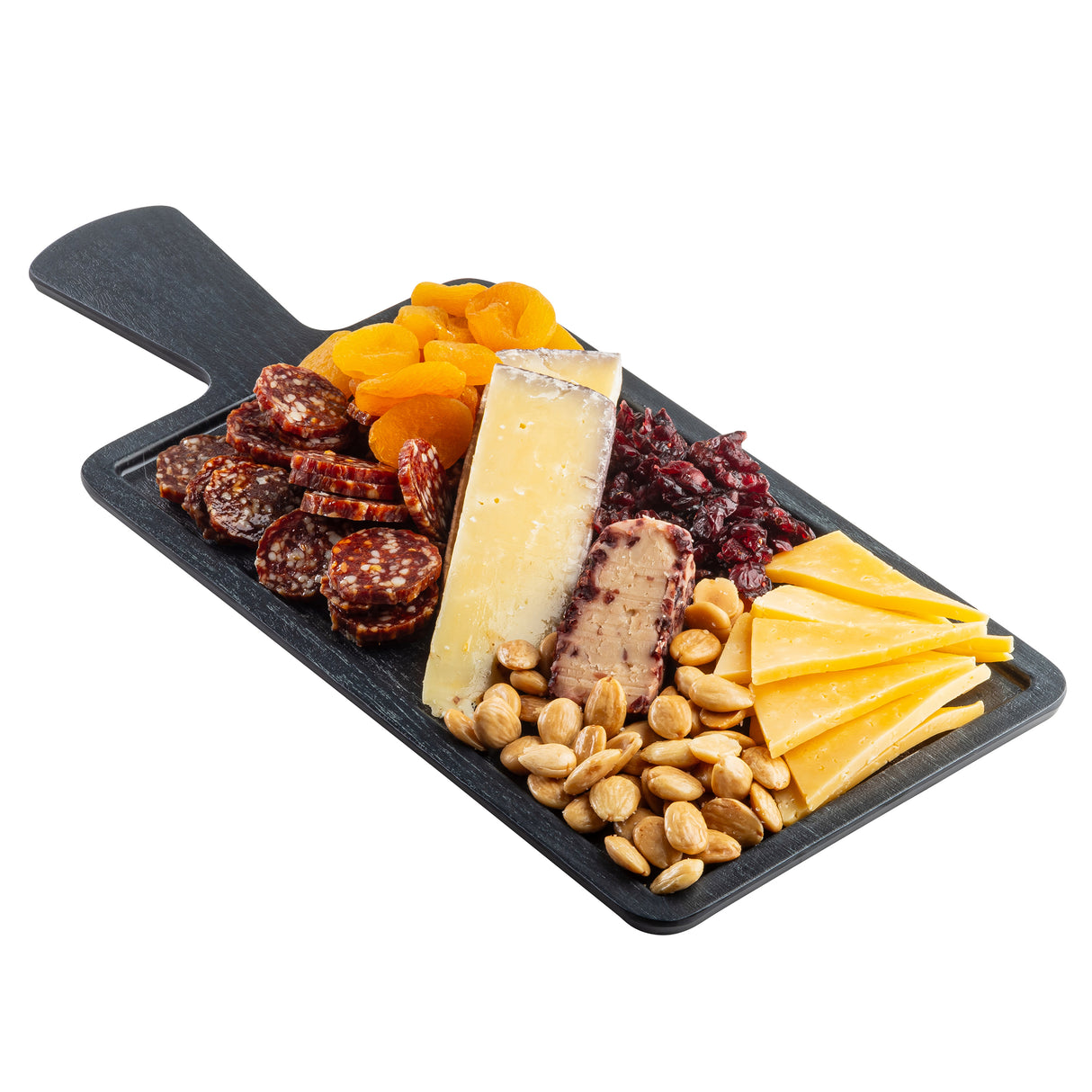 A rectangular black serving paddle from the Onyx Melamine Collection displays dried apricots, round salami slices, hard cheese wedge, cranberry cheese, dried cranberries, yellow cheese chunks, and roasted almonds all arranged neatly.