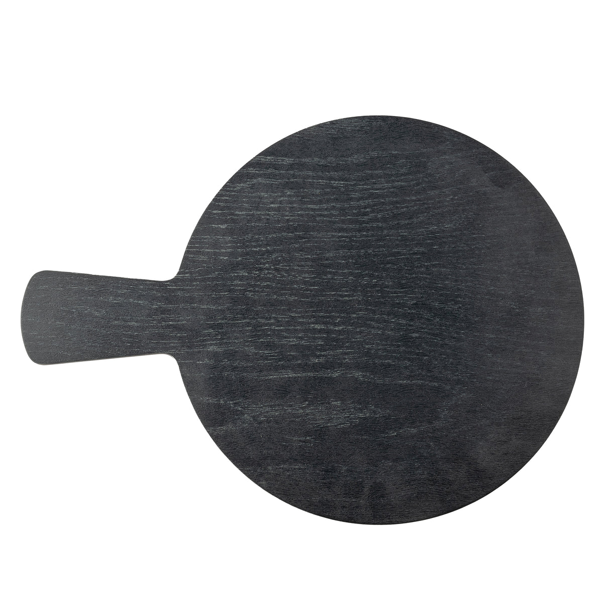 A round, flat TableCraft Serving Paddle with a short, rectangular handle extends from the left side, displayed on a white background. The visible wood grain gives this black melamine paddle a distinct, textured appearance.