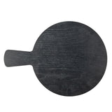 A round, flat TableCraft Serving Paddle with a short, rectangular handle extends from the left side, displayed on a white background. The visible wood grain gives this black melamine paddle a distinct, textured appearance.