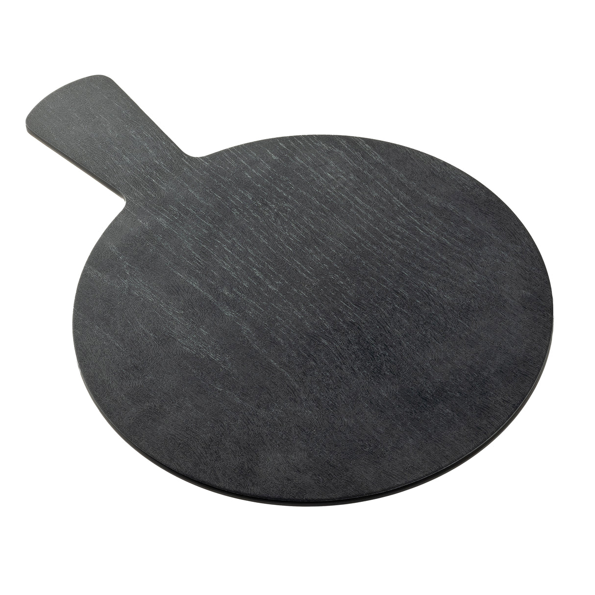 A round, black melamine paddle with a short rectangular handle is shown on a white background. The grain of the wood is visible, and the board has a matte finish, resembling an Onyx Melamine Serving Paddle.