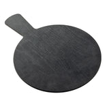 A round, black melamine paddle with a short rectangular handle is shown on a white background. The grain of the wood is visible, and the board has a matte finish, resembling an Onyx Melamine Serving Paddle.