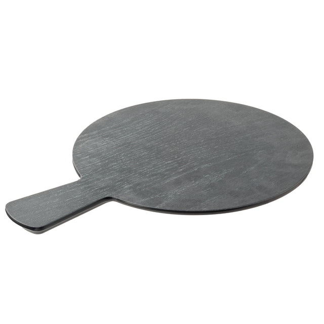 A round, dark gray TableCraft Serving Paddle with a flat surface and short, rectangular handle is shown on a white background. The smooth texture makes this paddle ideal for serving or cutting food in style.