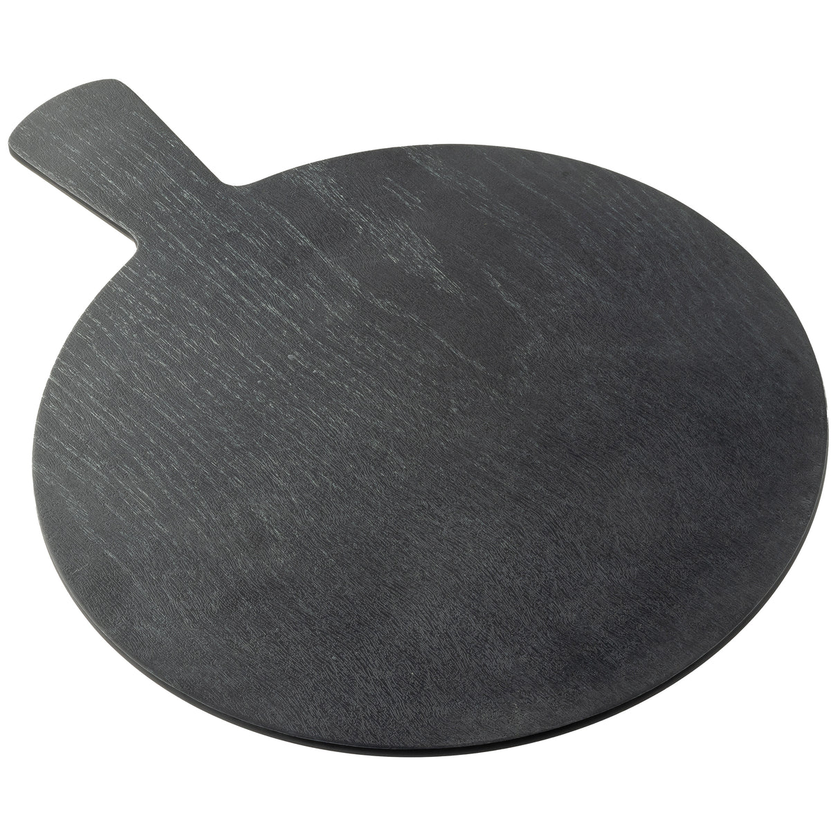 A round, flat black slate serving paddle with a short rectangular handle, shown on a white background. The subtle textured surface and minimalist design make it a stylish addition to the Onyx Melamine Collection.