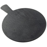A round, flat black slate serving paddle with a short rectangular handle, shown on a white background. The subtle textured surface and minimalist design make it a stylish addition to the Onyx Melamine Collection.