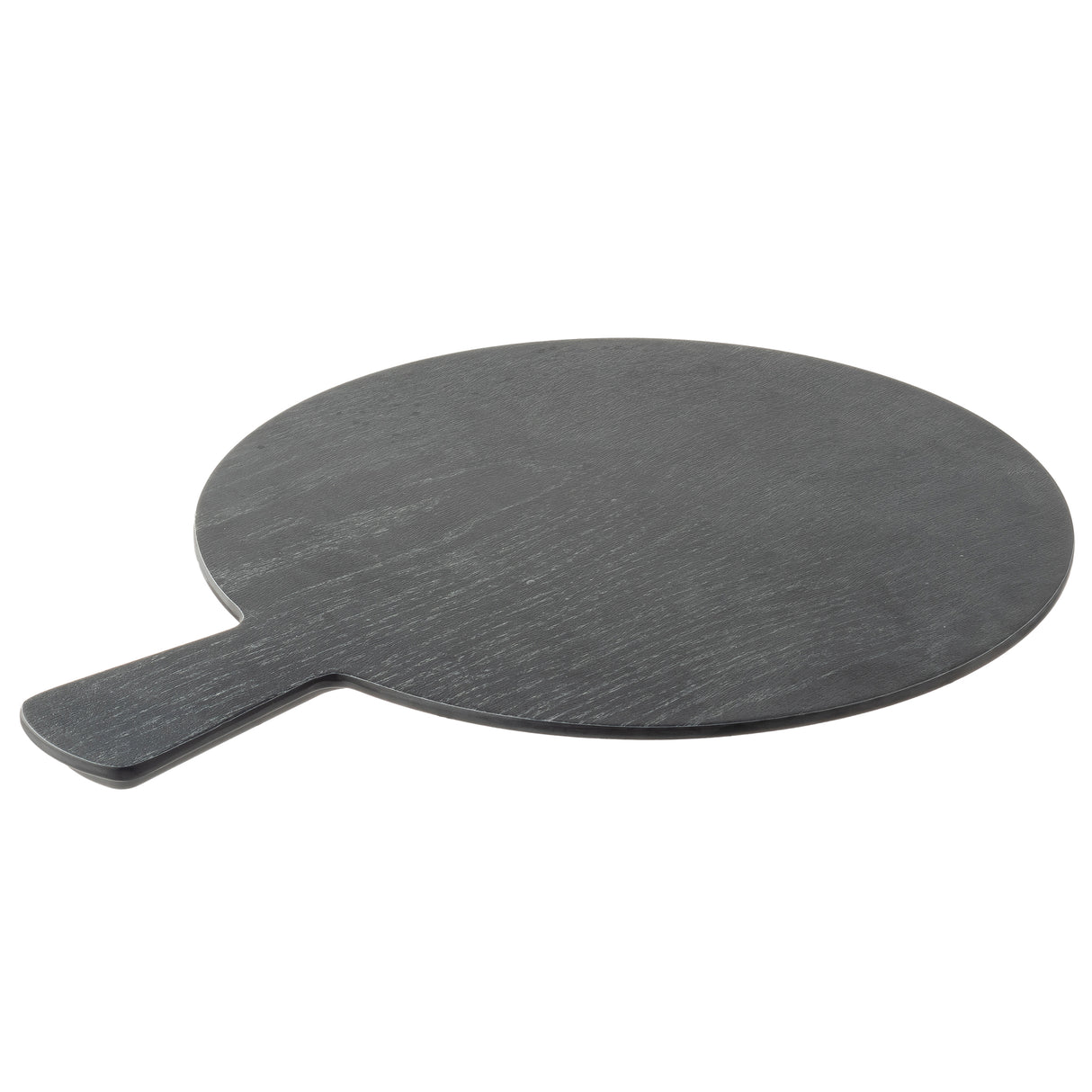 A round, dark gray serving paddle from the Onyx Melamine Collection with a short, flat handle. The subtle wood grain texture adds elegance, and the board is showcased against a plain white background.