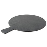 A round, dark gray serving paddle from the Onyx Melamine Collection with a short, flat handle. The subtle wood grain texture adds elegance, and the board is showcased against a plain white background.
