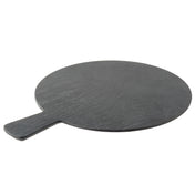 A round, dark gray serving paddle from the Onyx Melamine Collection with a short, flat handle. The subtle wood grain texture adds elegance, and the board is showcased against a plain white background.