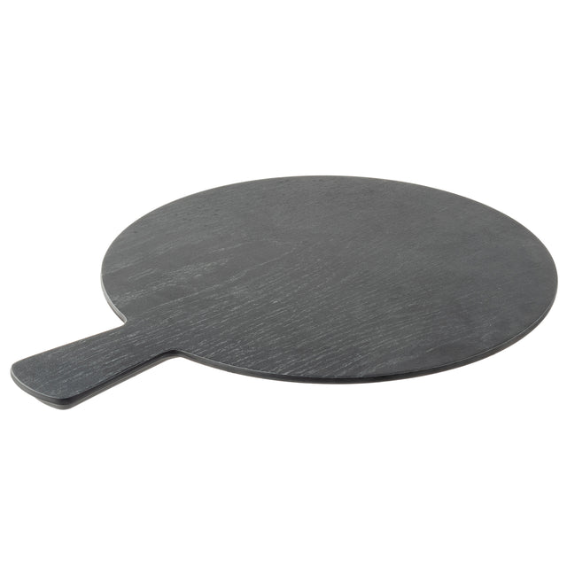 A round, dark gray serving paddle from the Onyx Melamine Collection with a short, flat handle. The subtle wood grain texture adds elegance, and the board is showcased against a plain white background.