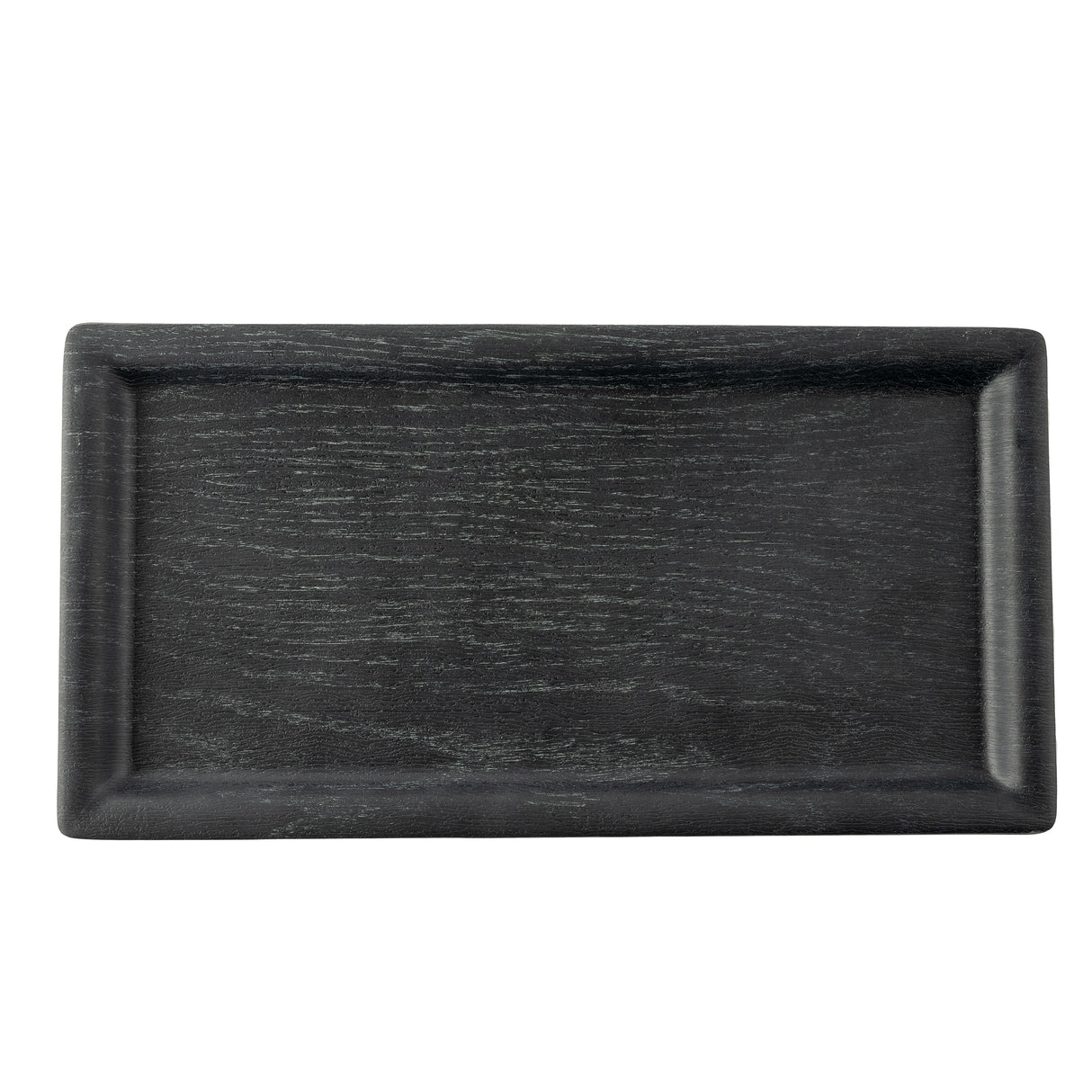 A rectangular black tray, such as the TableCraft 12457 Onyx Melamine Serving Tray, features a subtle wood grain texture, raised edges, and a smooth matte finish. The empty tray is photographed from above against a white background.