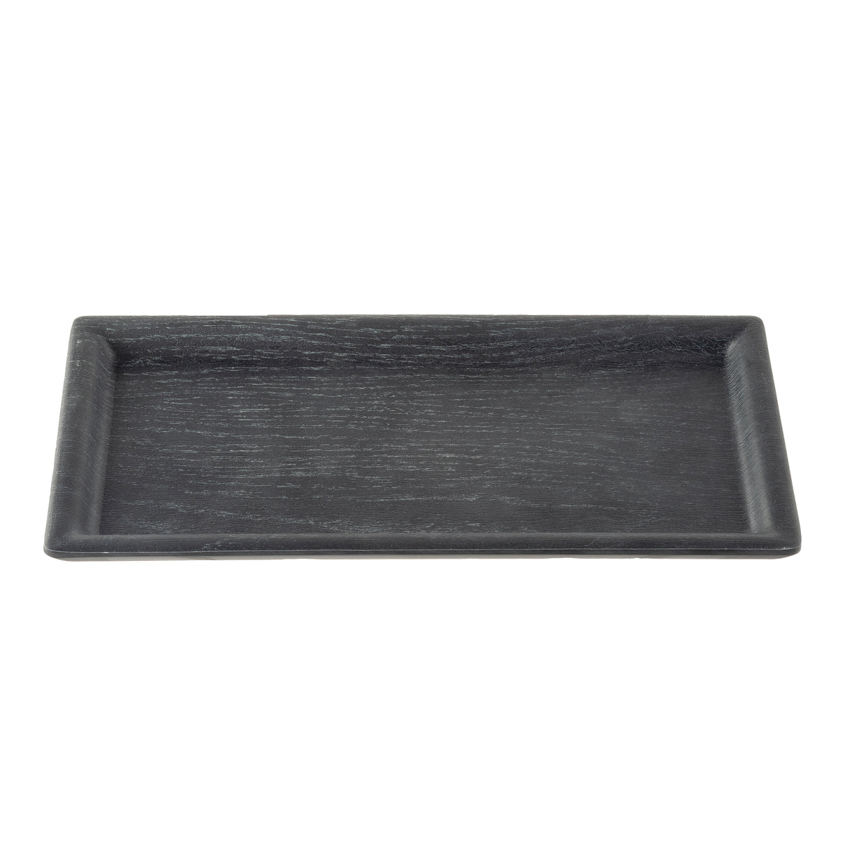 A rectangular black Onyx Melamine Serving Tray with slightly raised edges and a textured wood grain surface. The tray is empty and photographed against a white background, ideal for stylish food presentation.