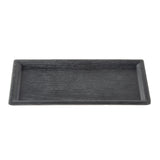 A rectangular black Onyx Melamine Serving Tray with slightly raised edges and a textured wood grain surface. The tray is empty and photographed against a white background, ideal for stylish food presentation.